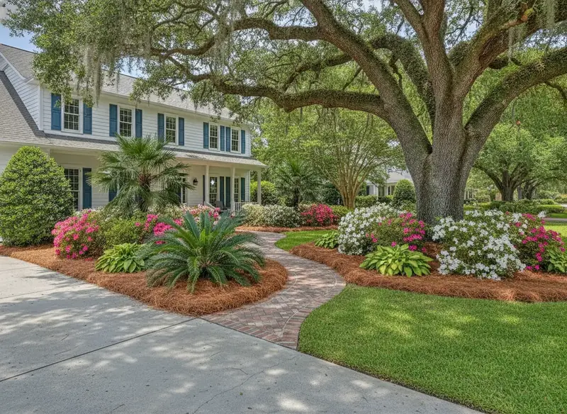 Curved planting beds with azaleas, palmettos and fresh pine straw beside a lawn