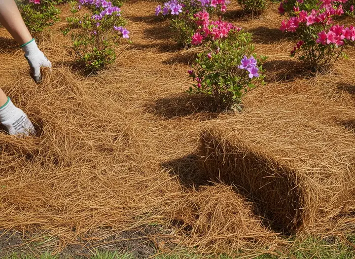 Fresh pine straw spread around azalea shrubs, with a bale nearby